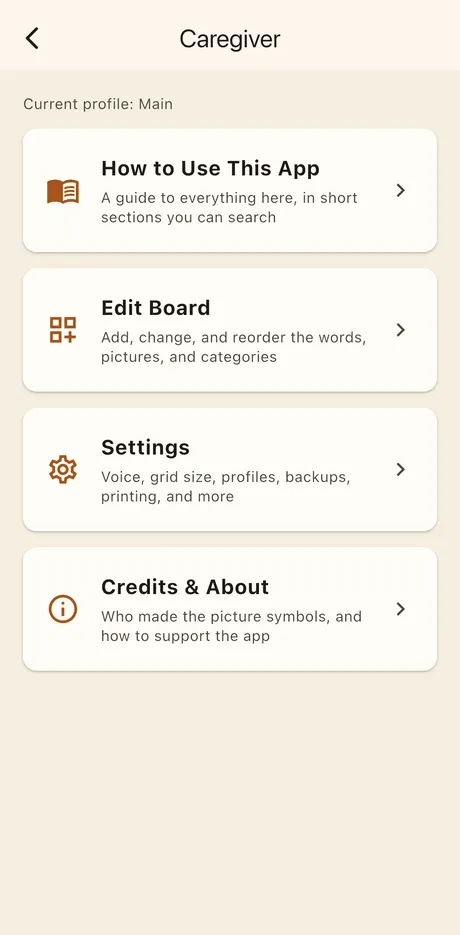 The Caregiver screen with four cards: How to Use This App, Edit Board, Settings, and Credits and About.