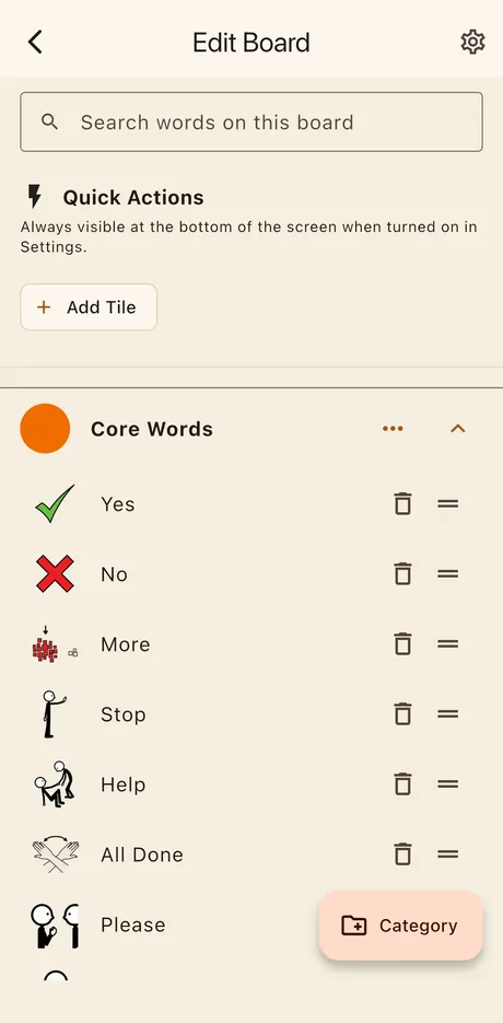 The Edit Board screen listing the Core Words category — Yes, No, More, Stop, Help, All Done, Please — each with a delete and reorder control.